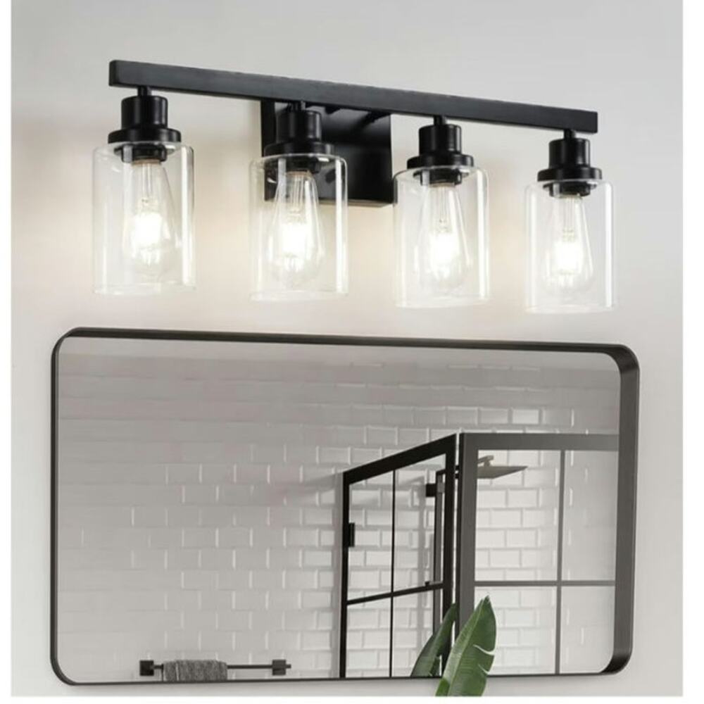 DIKAIDA 4-Light Matte Black Bathroom Vanity Light w/ Clear Glass